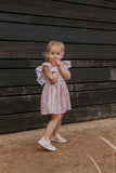 Little Girl's Pink and White Ditsy Floral Calico Print Pinafore Dress with Crochet Lace Trim