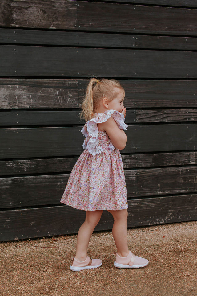 Little Girl's Pink and White Ditsy Floral Calico Print Pinafore Dress with Crochet Lace Trim