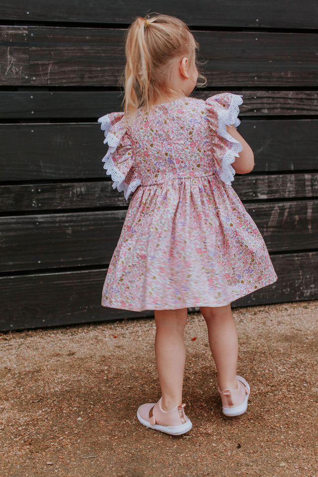 Little Girl's Pink and White Ditsy Floral Calico Print Pinafore Dress with Crochet Lace Trim