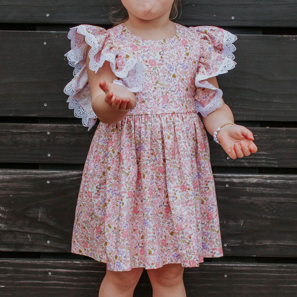 Little Girl's Pink and White Ditsy Floral Calico Print Pinafore Dress with Crochet Lace Trim