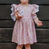 Little Girl's Pink and White Ditsy Floral Calico Print Pinafore Dress with Crochet Lace Trim