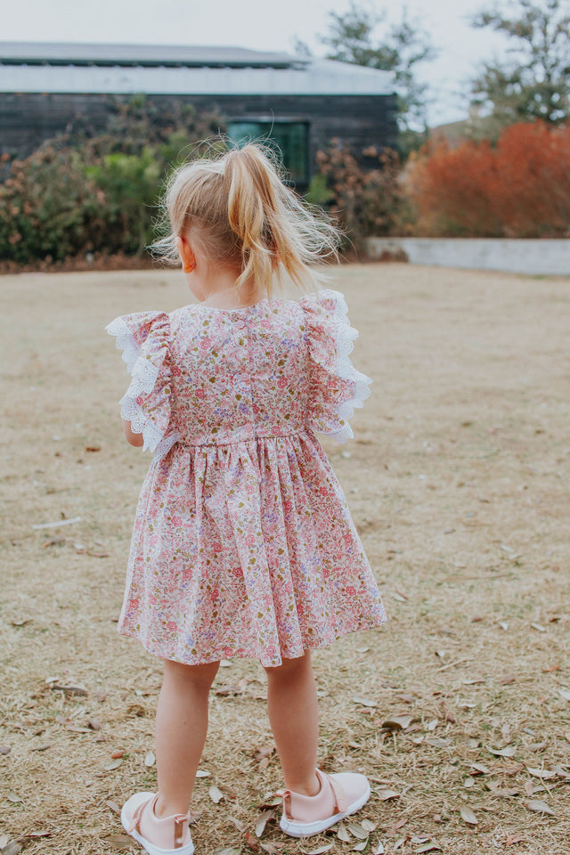 Infant Girl's Pink and White Calico Floral Ruffle Cotton Bubble Romper with Venice Lace Trim