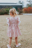 Infant Girl's Pink and White Calico Floral Ruffle Cotton Bubble Romper with Venice Lace Trim