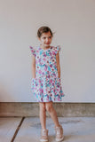 Little Girl's Purple Watercolor Boho Floral Print Three-Pocket Jersey Dress