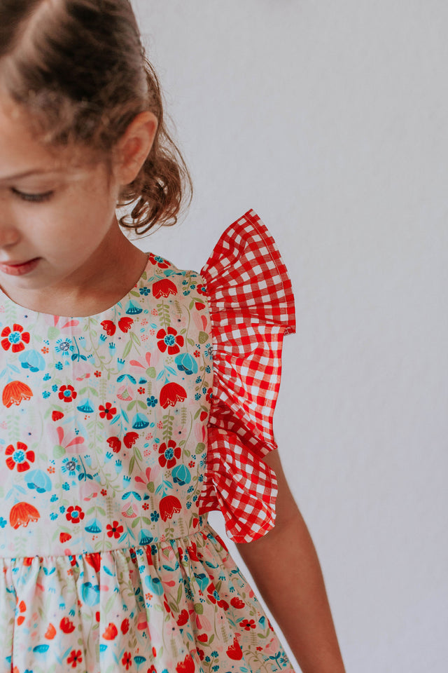 girl's red gingham and floral dress