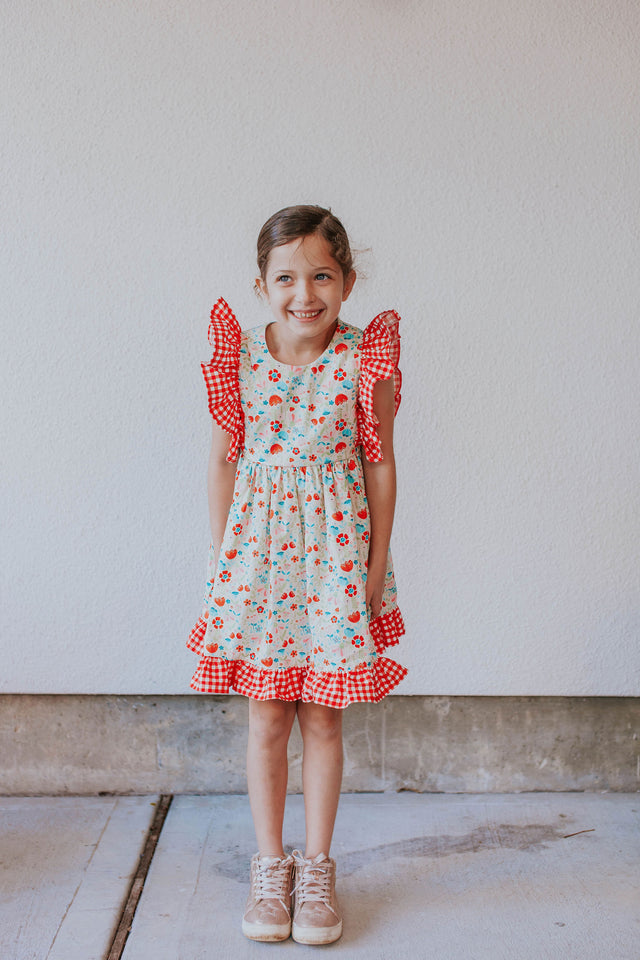 Little Girl's Red Gingham and Floral Ruffle Pinafore Dress