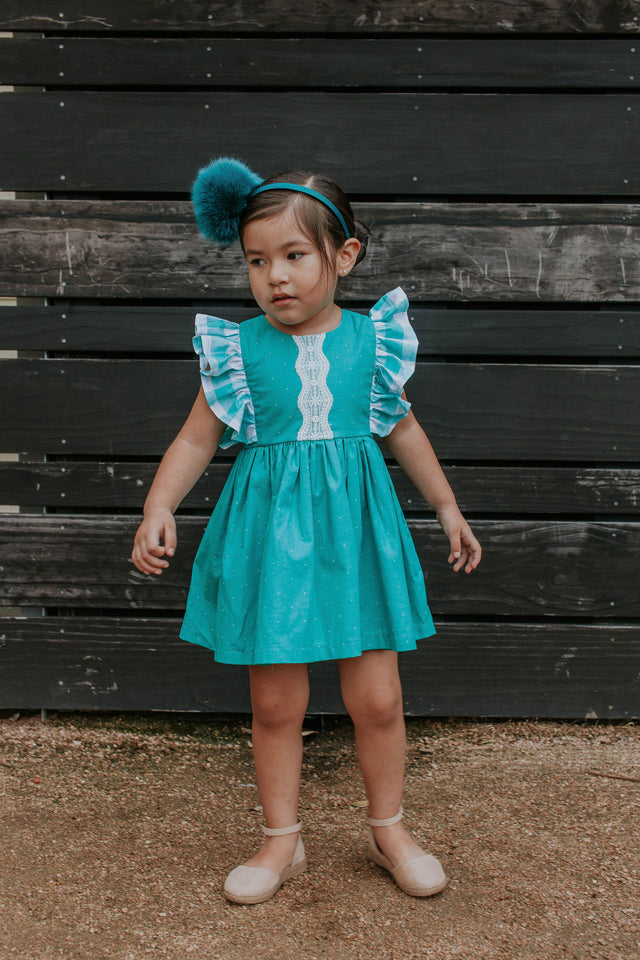 Little Girl's Turquoise Polka Dot and Plaid Pinafore Dress with Lace Trim