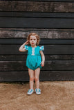 Infant Girl's Turquoise Polka Dots and Plaid Bubble Romper with Lace Trim