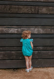 Infant Girl's Turquoise Polka Dots and Plaid Bubble Romper with Lace Trim