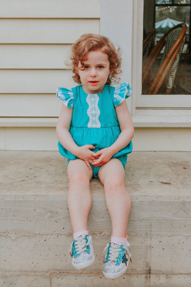 Infant Girl's Turquoise Polka Dots and Plaid Bubble Romper with Lace Trim