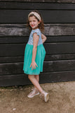 Little Girl's Turquoise Unicorn Print Ruffle Jersey Dress