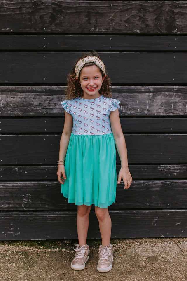 Little Girl's Turquoise Unicorn Print Ruffle Jersey Dress