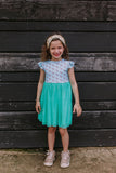 Little Girl's Turquoise Unicorn Print Ruffle Jersey Dress