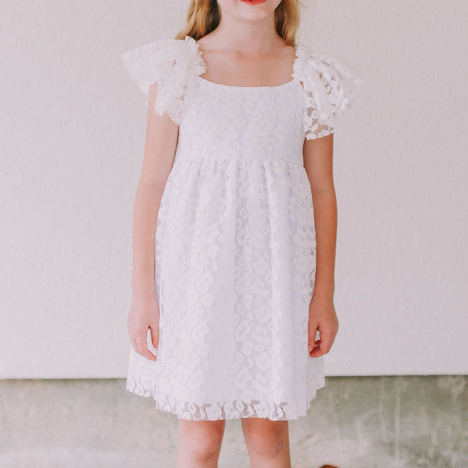 Little Girl's White Lace Flutter Sleeve Scoop Back Flower Girl Dress