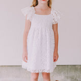 Little Girl's White Lace Flutter Sleeve Scoop Back Flower Girl Dress