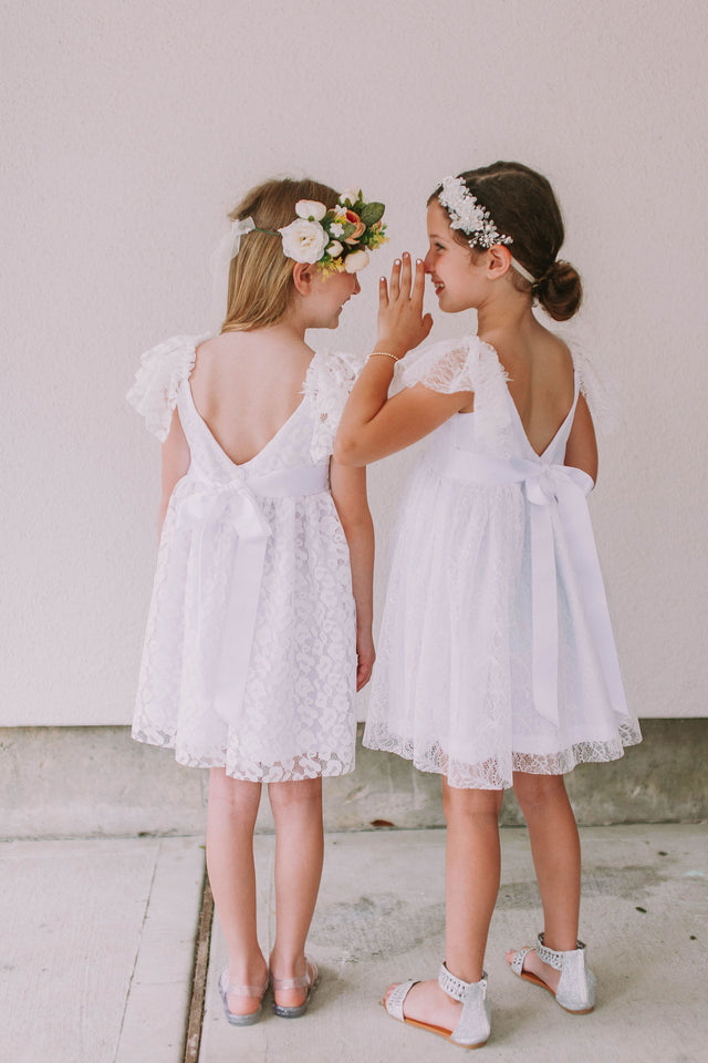 Little Girl's White Lace Flutter Sleeve Scoop Back Flower Girl Dress