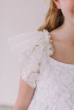 Little Girl's White Lace Flutter Sleeve Scoop Back Flower Girl Dress