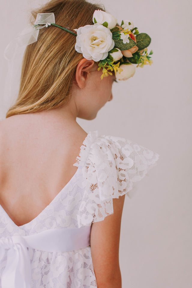 Little Girl's White Lace Flutter Sleeve Scoop Back Flower Girl Dress