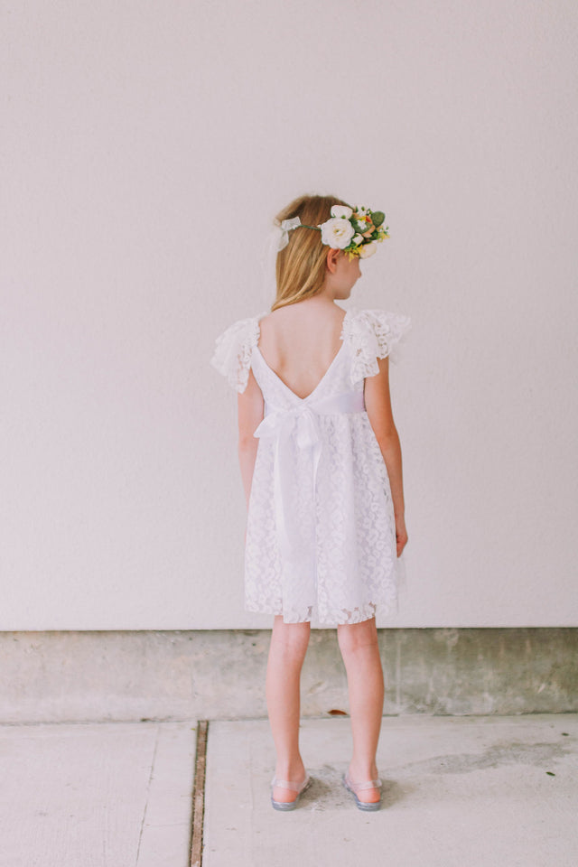 Little Girl's White Lace Flutter Sleeve Scoop Back Flower Girl Dress