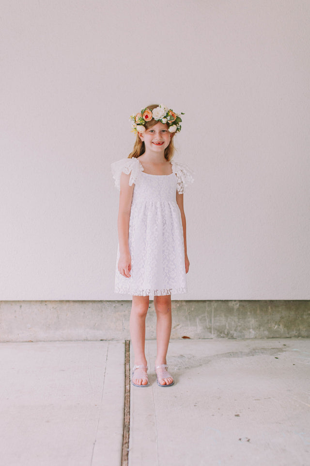 Little Girl's White Lace Flutter Sleeve Scoop Back Flower Girl Dress