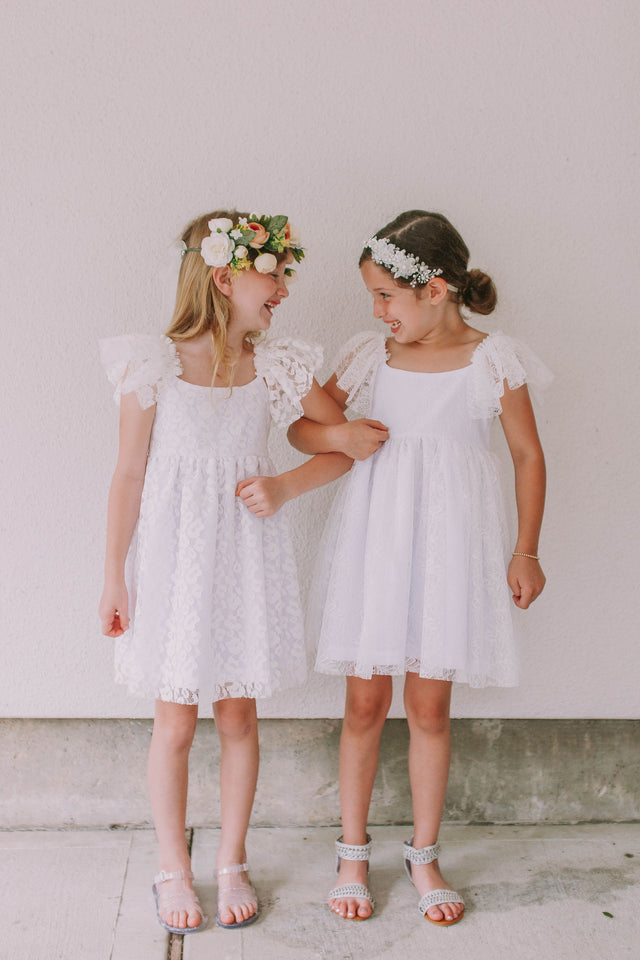Little Girl's White Lace Flutter Sleeve Scoop Back Flower Girl Dress