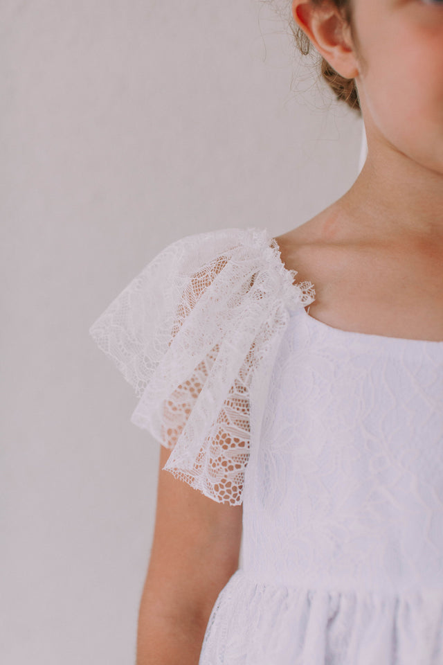 Little Girl's White Leaf Lace Flutter Sleeve Scoop Back Flower Girl Dress