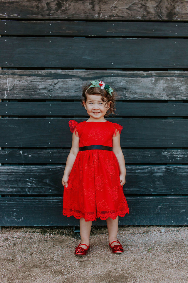 little girls red lace dress black satin sash