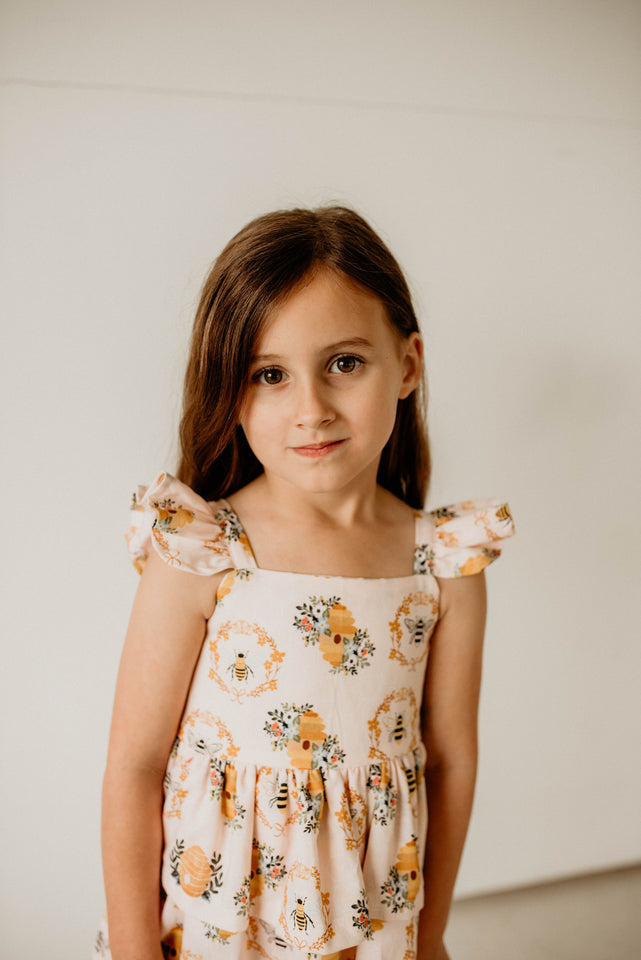 Girl's Bee Print Peplum Twirl Dress