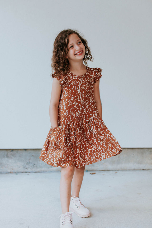 Little Girl's Brown and White Floral Jersey Cotton Three Pocket Dress