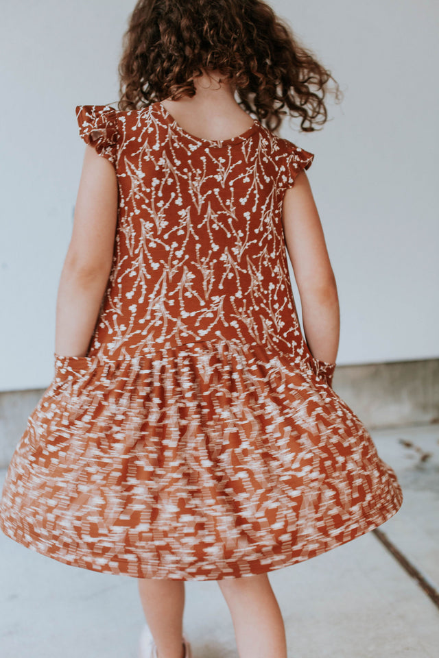 Little Girl's Brown and White Floral Jersey Cotton Three Pocket Dress
