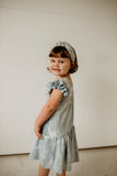 cute blue and gray tie dye dress with flutter sleeves