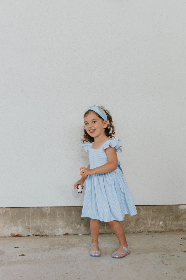 Girl's Light Blue Seersucker Flutter Sleeve Dress