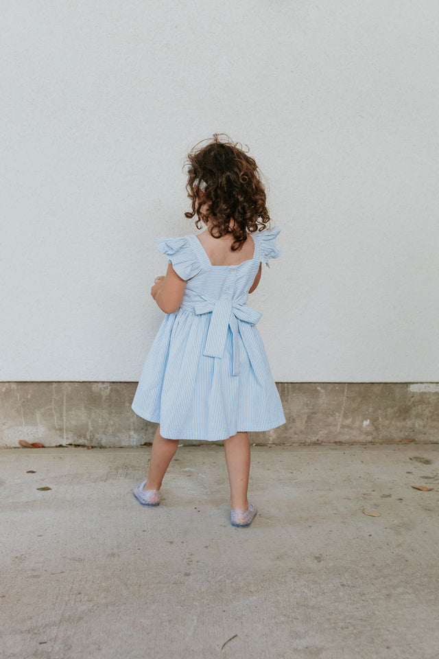 Girl's Light Blue Seersucker Flutter Sleeve Dress
