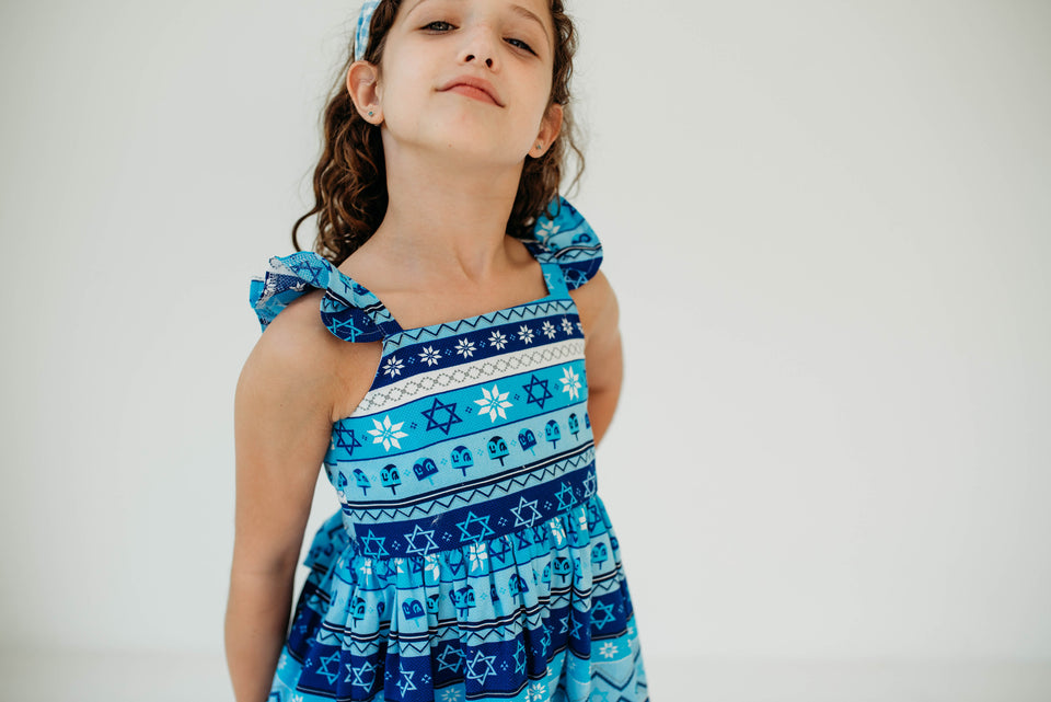 Little Girl's Blue Stripe Jewish Star and Menorah Print Flutter Sleeve Hanukkah Dress