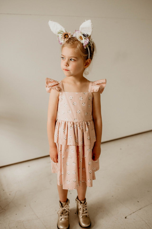 Girl's Blush Pink and White Daisy Print Peplum Twirl Dress