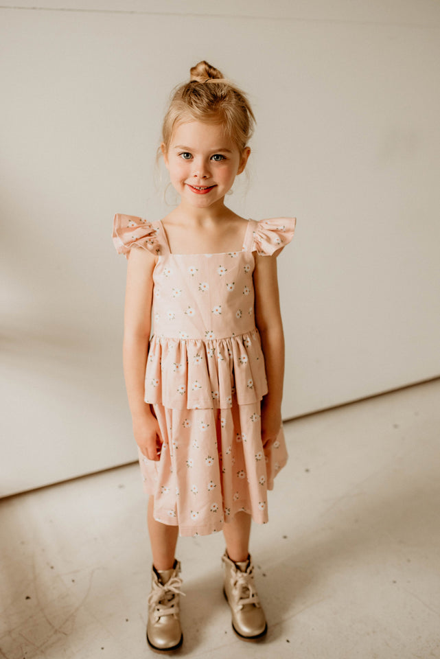 Girl's Blush Pink and White Daisy Print Peplum Twirl Dress