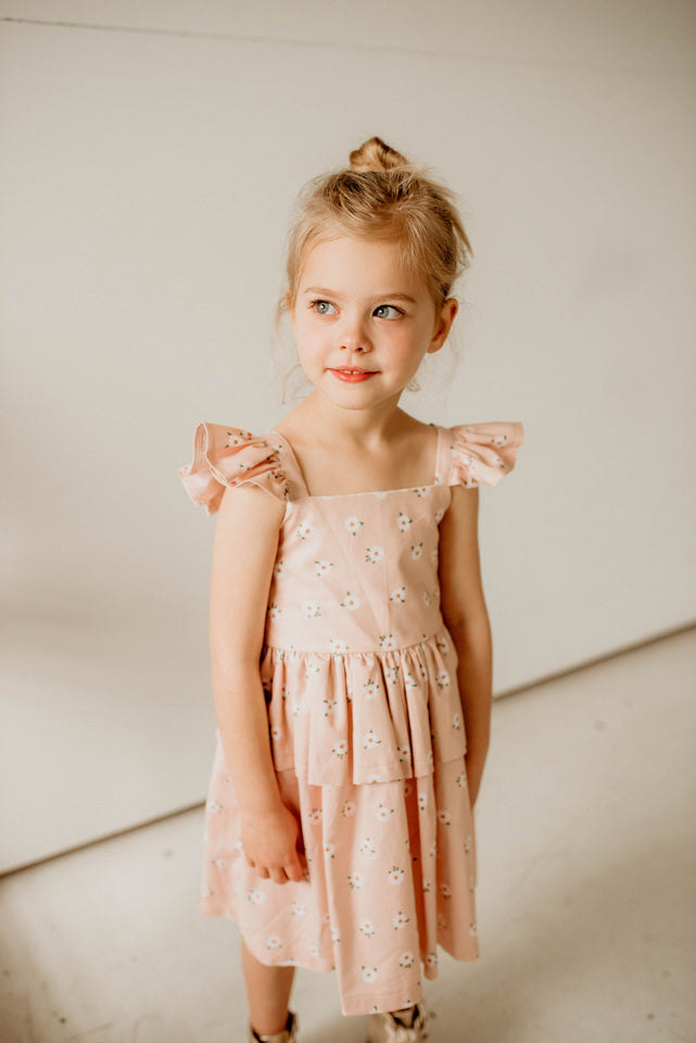 Girl's Blush Pink and White Daisy Print Peplum Twirl Dress