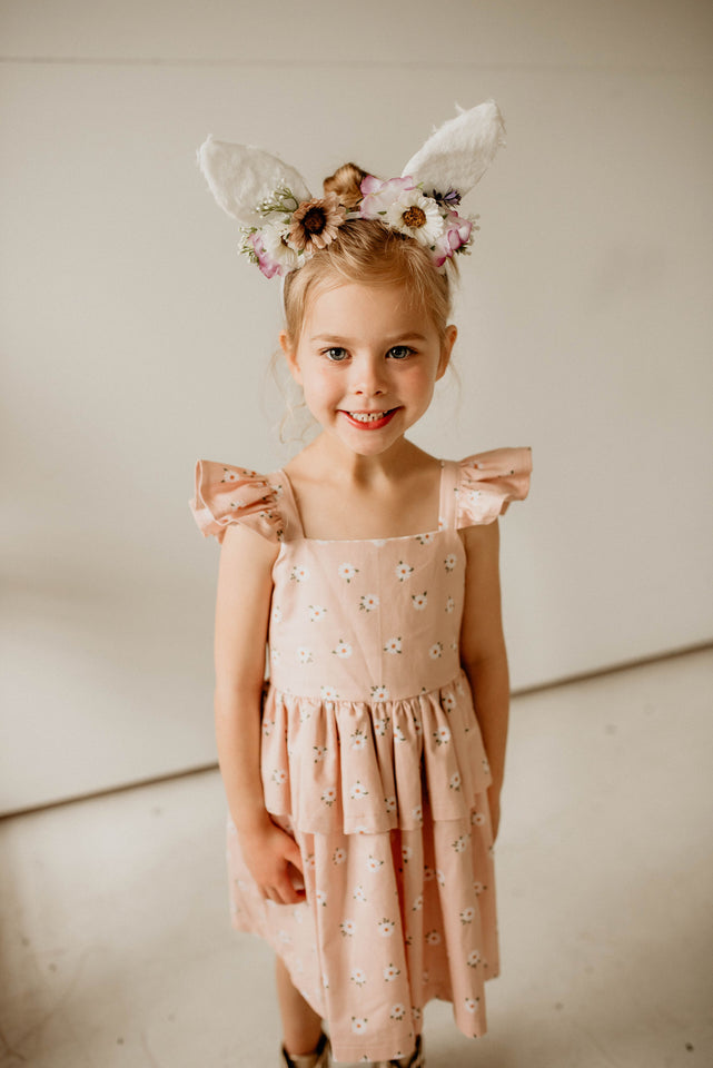 Girl's Blush Pink and White Daisy Print Peplum Twirl Dress