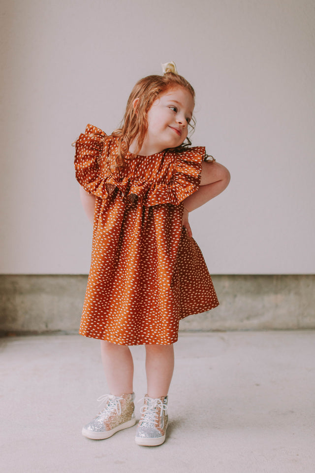 Little Girl's Brown and White Polka Dot Cotton Ruffle Collar Shift Dress