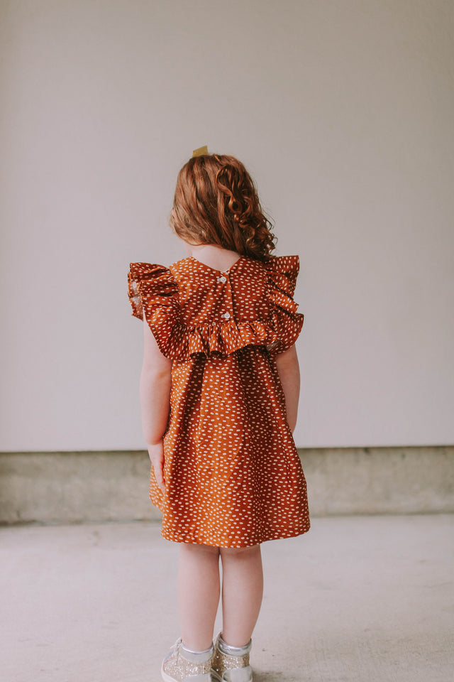Little Girl's Brown and White Polka Dot Cotton Ruffle Collar Shift Dress