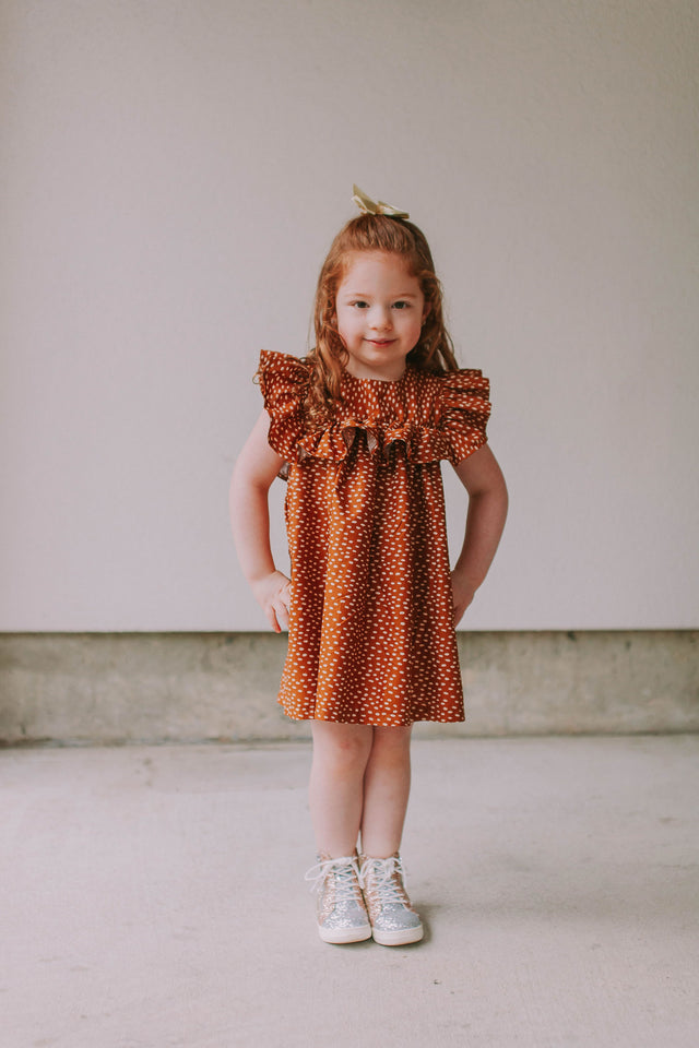 Little Girl's Brown and White Polka Dot Cotton Ruffle Collar Shift Dress