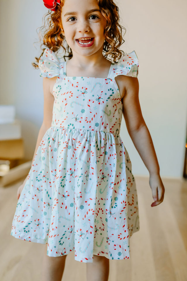 little girls ditsy candy cane print christmas dress
