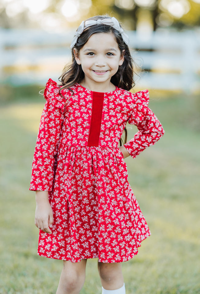 Little Girl's Red and White Ditsy Floral Christmas Dress with Red Trim