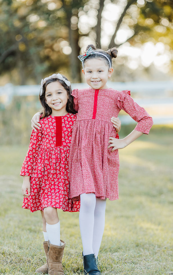 Little Girl's Red and White Ditsy Floral Christmas Dress with Red Trim