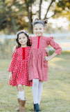 Little Girl's Red and White Ditsy Floral Christmas Dress with Red Trim