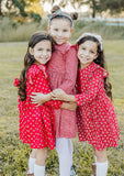 Little Girl's Red and White Ditsy Floral Christmas Dress with Red Trim
