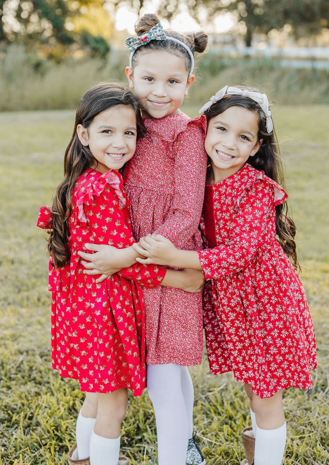 Little Girl's Red and Green Rose Print Christmas Dress with Green Trim