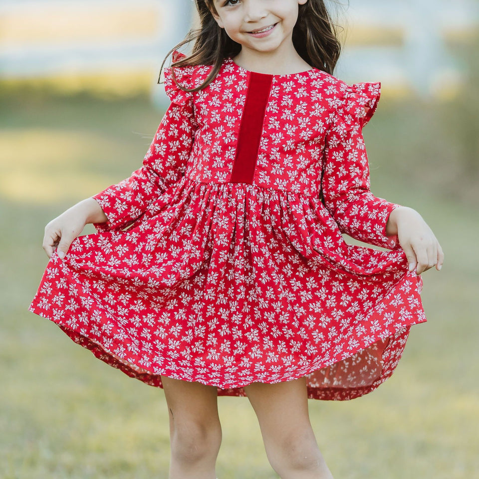 Little Girl's Red and White Ditsy Floral Christmas Dress with Red Trim