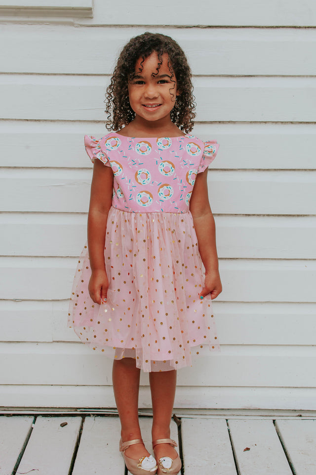 Little Girl's Pink Donut Print Scoop Back Tulle Twirl Dress
