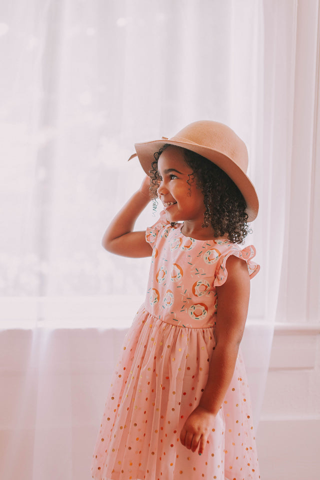 Little Girl's Pink Donut Print Scoop Back Tulle Twirl Dress